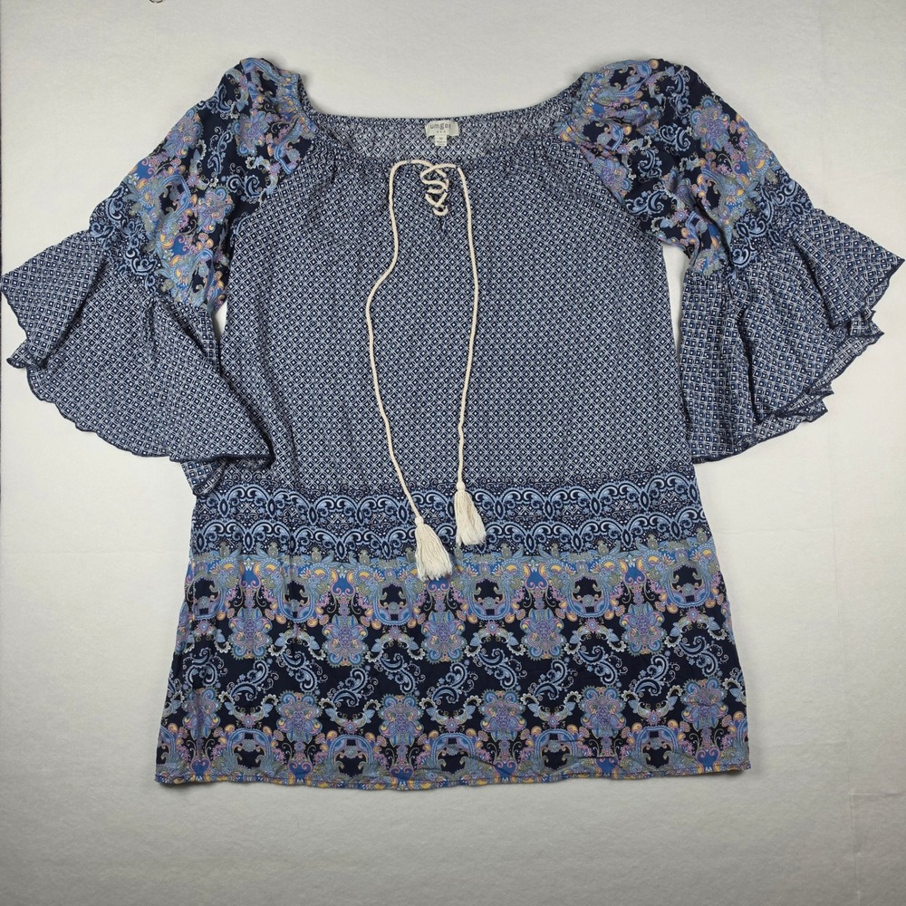 Umgee Boho Printed Tunic Dress Size M Blue‎ Paisley Tassel Bell Sleeve C3255